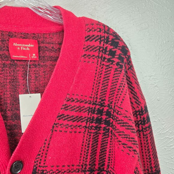 NWT Rare Abercrombie Cardigan Sweater M Red Black Plaid Knit Button Front Preppy - Picture 11 of 14